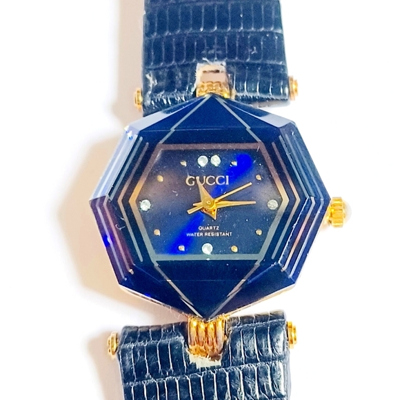 Gucci Diamond Blue / Black Working Perfectly Quartz Watch 5 Diamonds Size 7 - Picture 1 of 9
